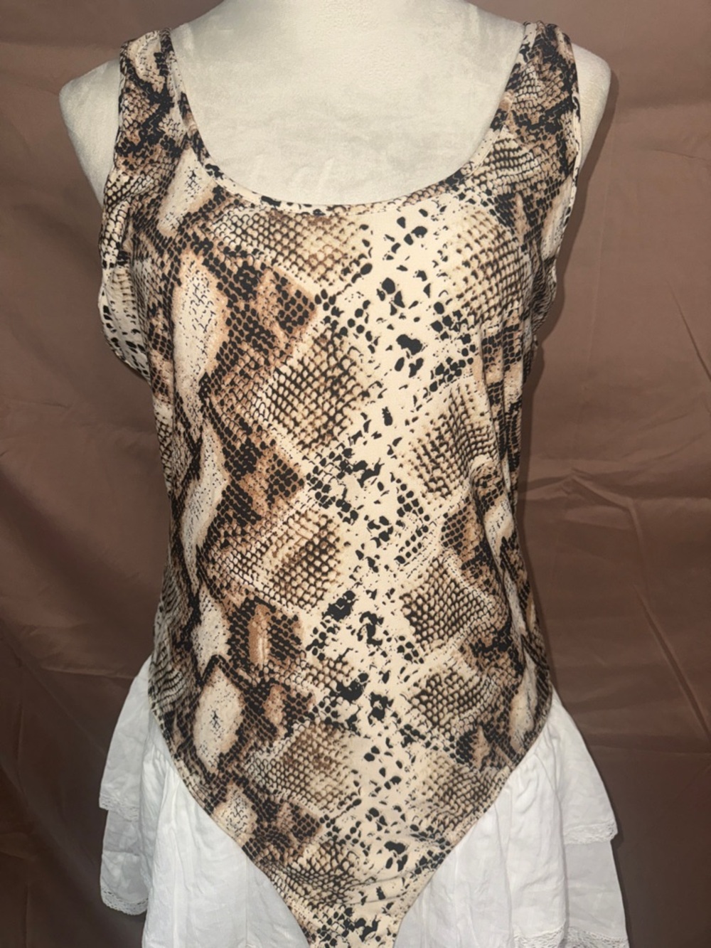 NWOT Snake Print Tank Top Bodysuit in Cream and Brown XL